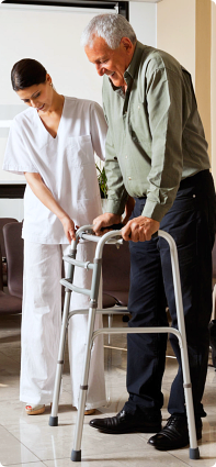 grandpa on his crutches and her caretaker
